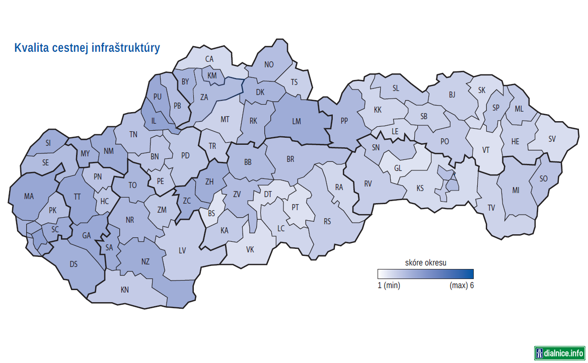 Mapka kvality cestnej infraštruktúry SR podľa prieskumu Podnikateľskej aliancie Slovenska (PAS) z projektu Konkurencieschopné regióny 21