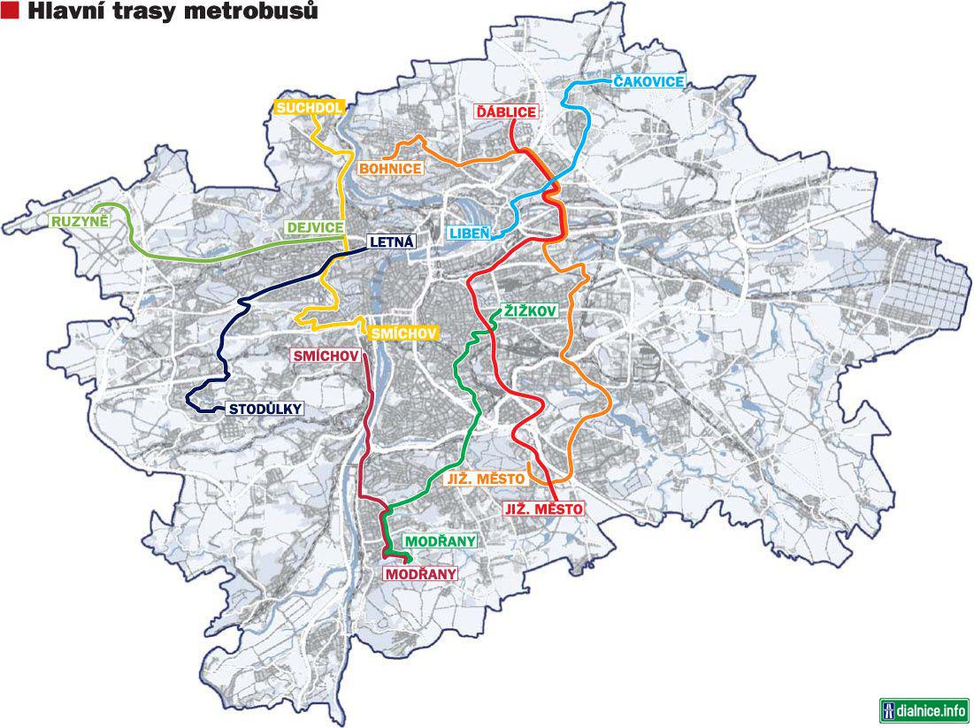 Hlavné trasy plánovaných metrobusov v Prahe