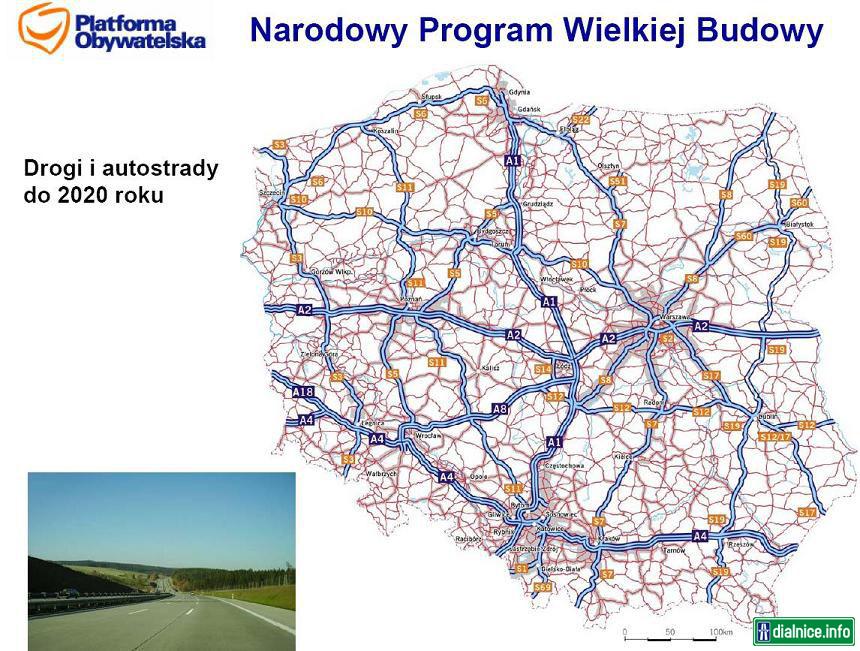 Nová mapka projektu budovania poľských diaľnic "z dielne" súčasnej vládnucej strany PO.