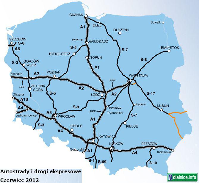 Mapa ambiciózneho plánu výstavby poľskej diaľničnej siete do roku 2012