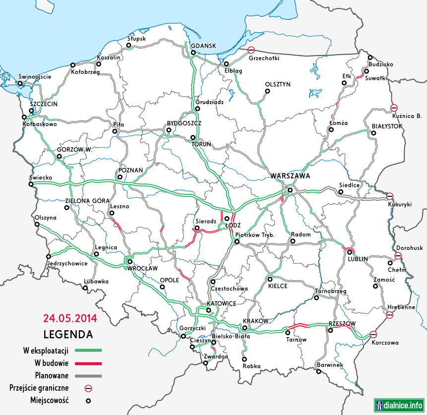 Sieť diaľníc a rýchlociest v Poľsku 05/2014