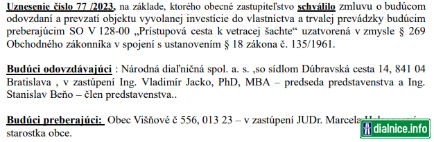 Vysledok hlasovania - preberanie pristupovej cesty k vetracej sachte