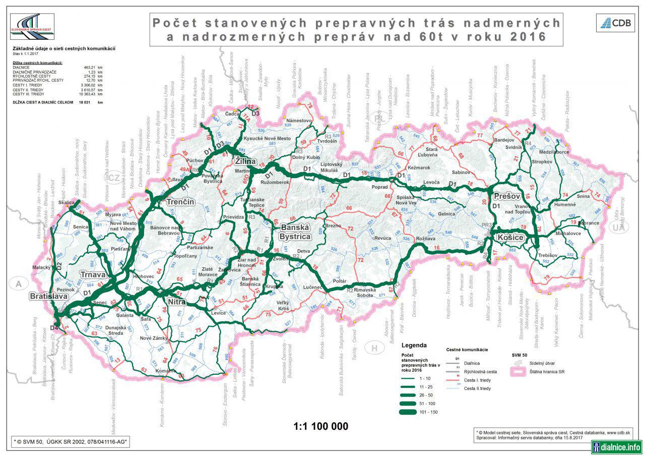 Trasy nadrozmerných nákladov v 2016