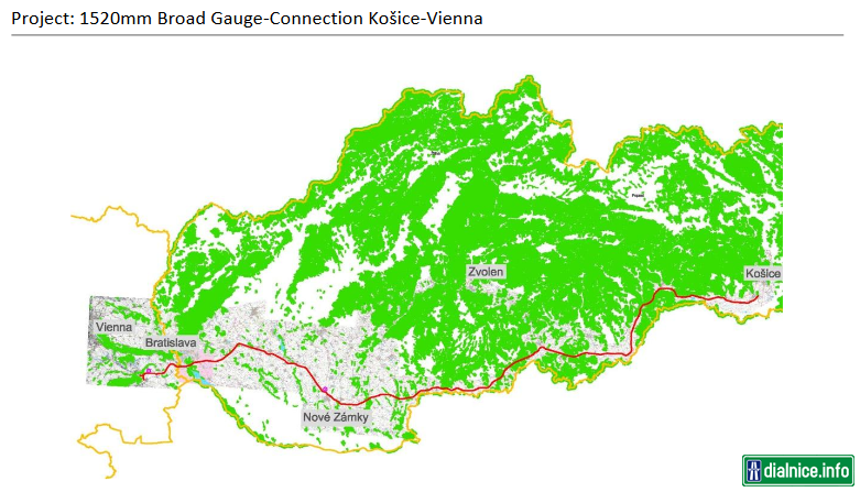 Mapa trasy predĺženia širokorozchodnej trate Košice - Viedeň